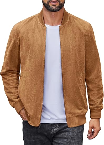 Men's Lightweight Suede Bomber Jackets Casual Varsity Jacket Vintage Faux Leather Jackets